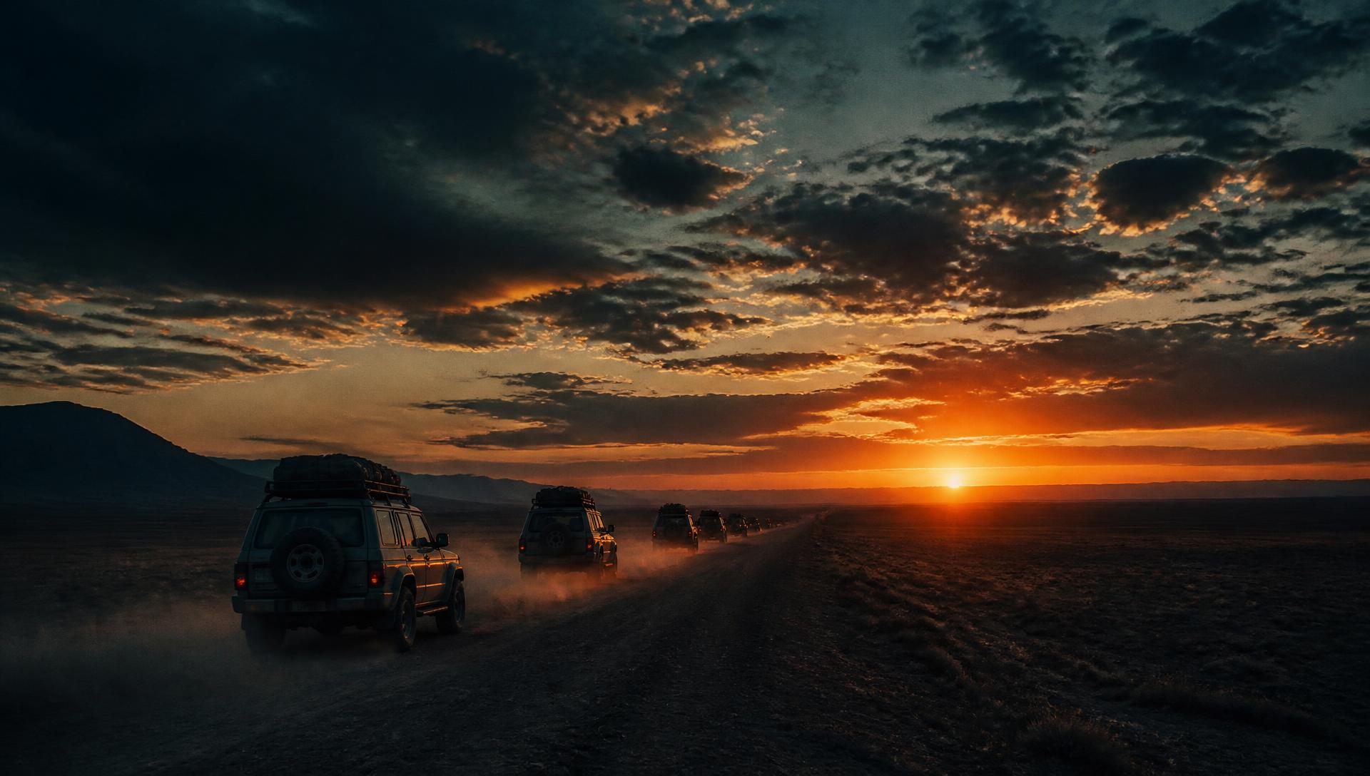 Comboio 4x4 seguindo em direção ao horizonte ao entardecer