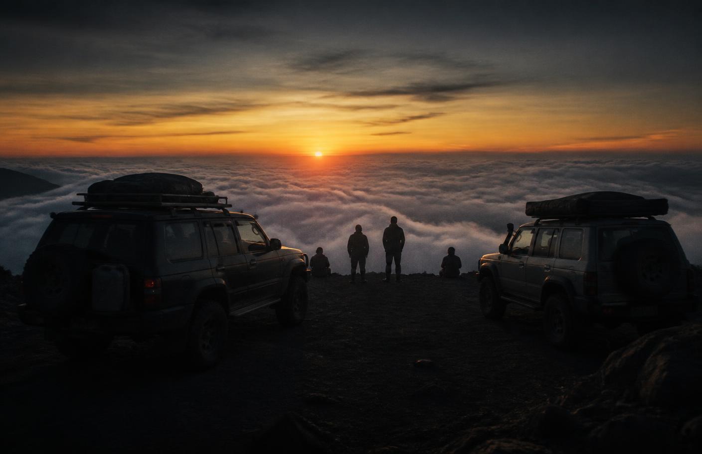Dois veículos 4x4 em mirante acima de um mar de nuvens no nascer do sol