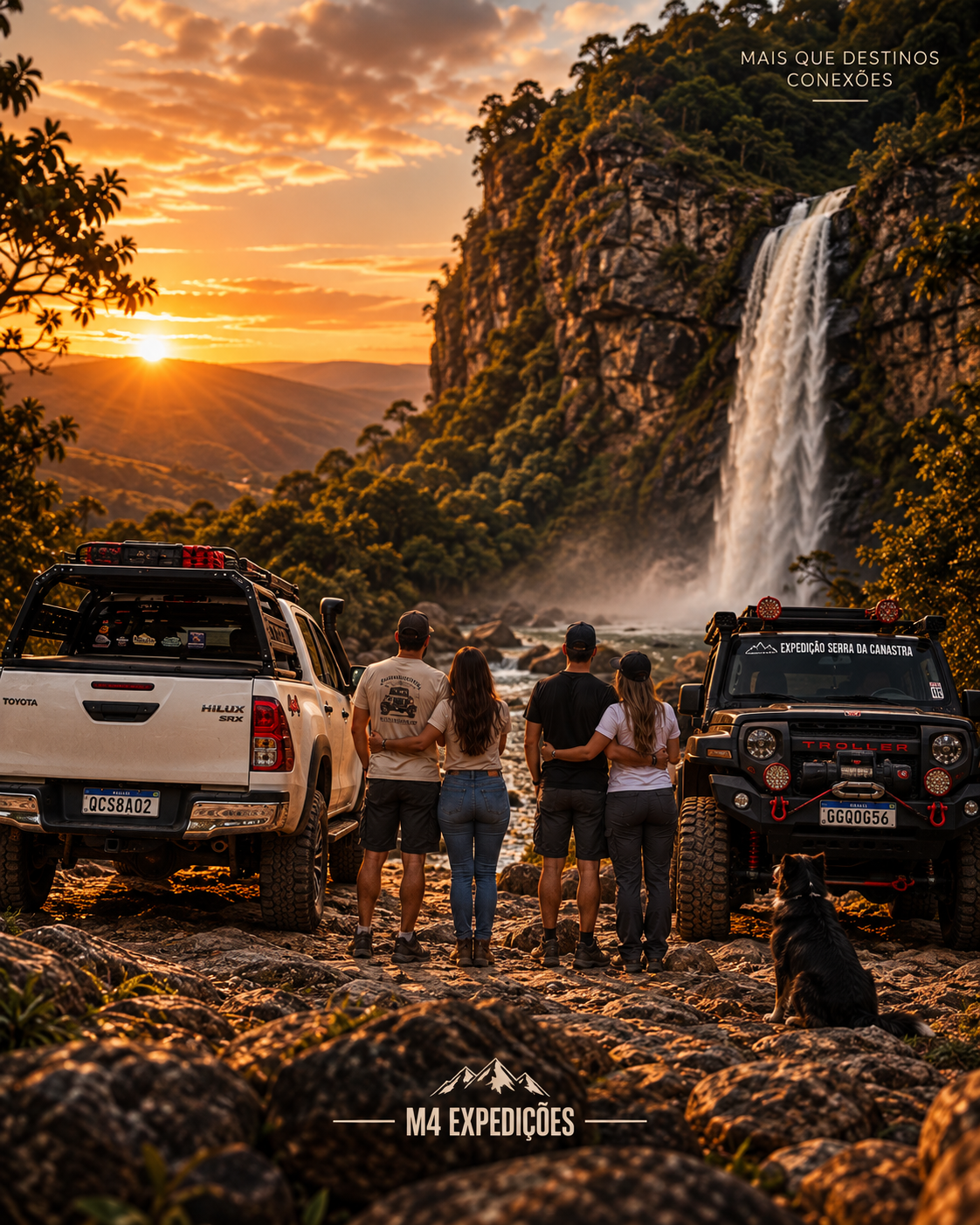 Veículo 4x4 diante de uma cachoeira